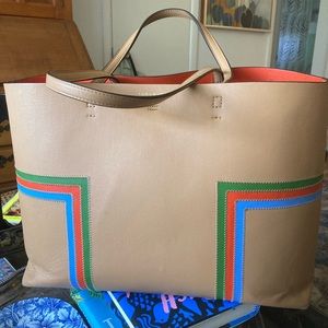 Tory Burch Tan Striped Leather Block-T Shopper Tote